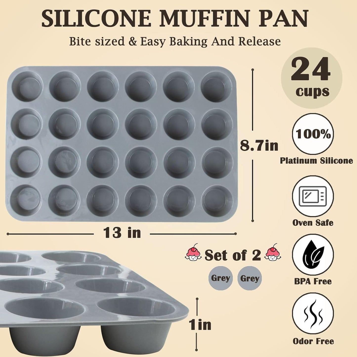 24 Cups Silicone Mini Muffin Pan Set, Nonstick Mini Cupcake Pans, BPA Free Small Muffin Tin for Baking, Set of 2 (Grey+Grey)