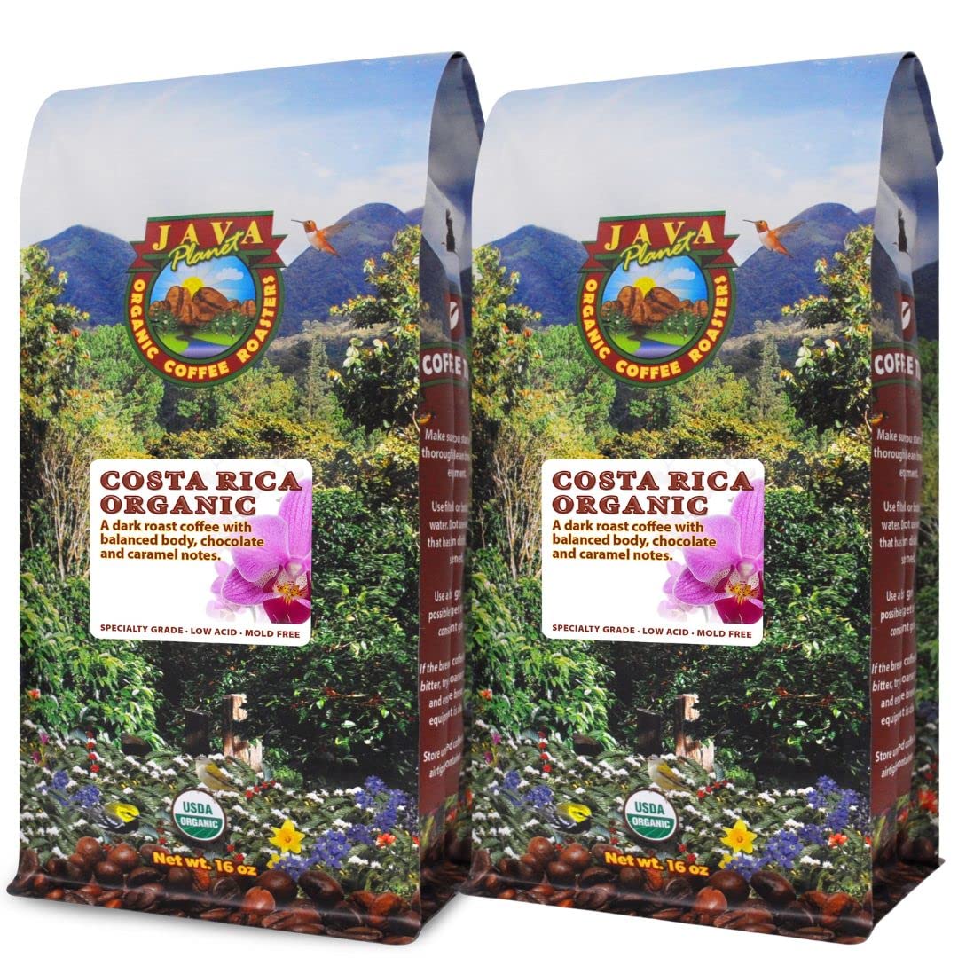 Low Acid Organic Coffee – Whole Bean, Mold-Free & Stomach Friendly by Java Planet, Costa Rican Single Origin Coffee, Dark Roast, Smooth Full Flavored, 2x1LB Bag