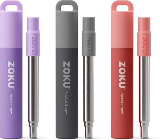 ZOKU Reusable Metal Straws with Case for Travel, Purple, Grey and Red - Collapsible Stainless Steel Drinking Straws with Silicone Tips and Cleaner Brushes, Ideal for Key Chains, Pockets, Purses