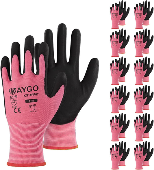 KAYGO Safety Work Gloves PU Coated, 12 Pairs KG11P Seamless Knit Glove with Polyurethane Coated Smooth Grip on Palm & Fingers, for Men and Women, Ideal for General Duty Work, Pink,Small