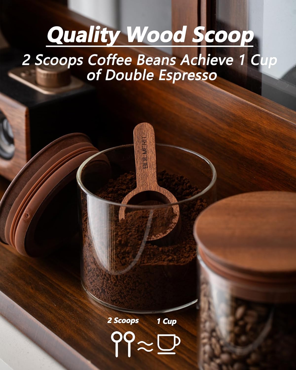 500ml Glass Coffee Canister with Wooden Lids and Scoop, Kitchen Coffee Container Set of 2 Hold Up to Total 12 oz of Coffee Bean, Airtight Food Storge Jars for Ground Coffee Bar Cereal Snack