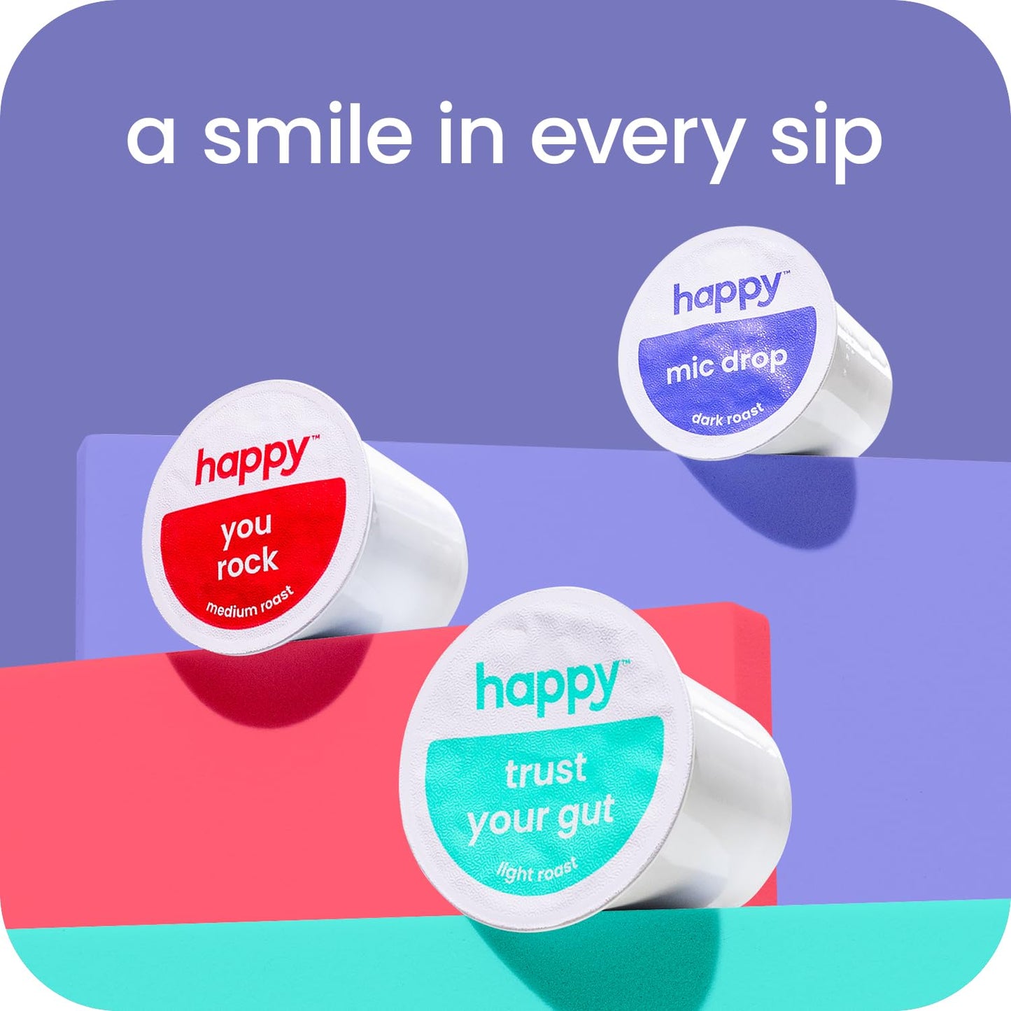 happy coffee dark roast coffee pods, 10 count, notes of cocoa & contentment, compatible with most K-cup brewers, rainforest alliance certified