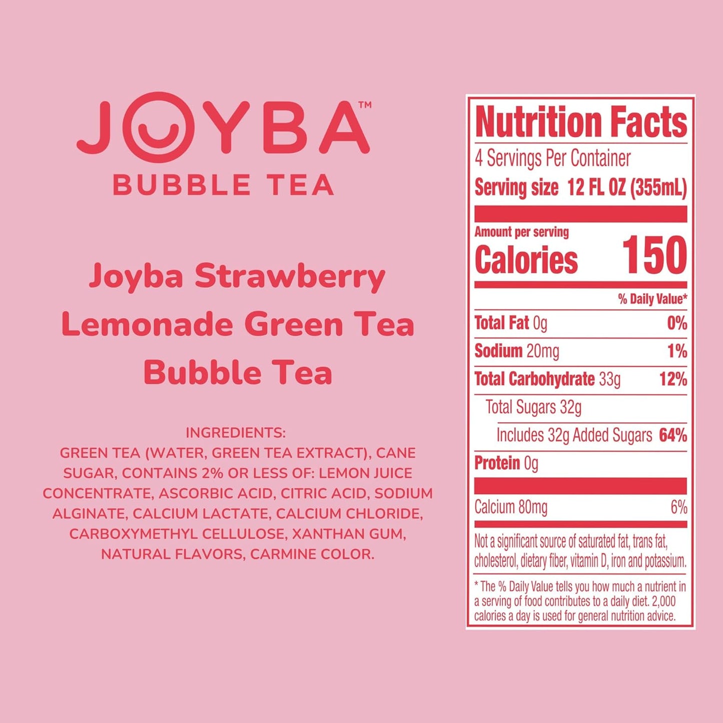 Joyba Bubble Tea Strawberry Lemonade Green Tea, 4 Pack, 12 fl. oz. Cups
