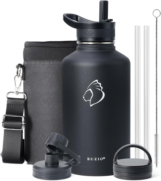 BUZIO 64 oz Water Bottle Insulated with Straw & 3 lid and Carrying Pouch, Leak Proof Half Gallon Stainless Steel Water Flask Jug, Cold for 48 Hrs Double Vacuum Thermo Canteen, BPA-Free, Black