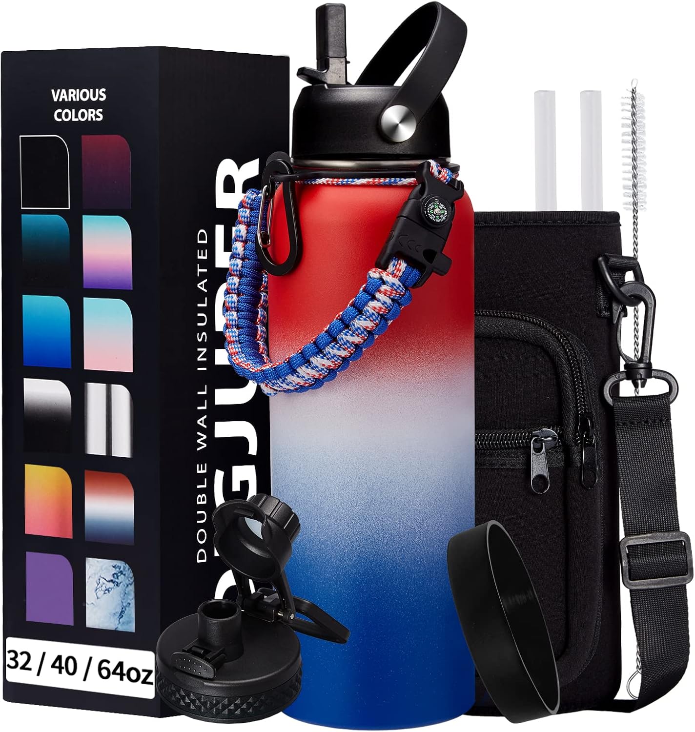 40oz Insulated Water Bottle with Straw, Paracord Handle & Carrier Bag, Wide Mouth Vacuum Insulated Hydro Bottle, Stainless Steel Thermo Mug Flask for Sports Office School, Cold 48Hrs & Hot 24Hrs