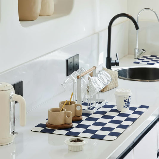 Checkered Dish Drying Mat for Kitchen Counter, Coffee Bar Station Accessories, Retro Cute Aesthetic Modern Absorbent Drainer Mat Kitchen Drying Mat Easy Clean (Navy Blue, 19" x 12")