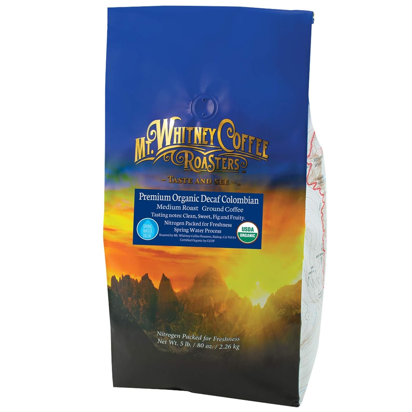 Mt. Whitney Premium Organic Spring Water Colombian, Medium Dark Roast, Low Acid Decaf Coffee (Ground, 5 Lb)