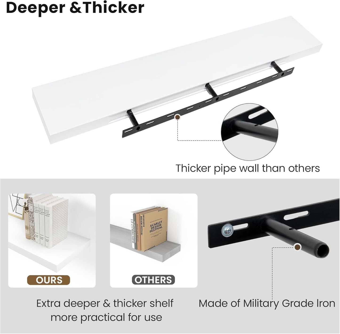 Vivelove Wooden Floating Shelves for Wall 48” x 8”x 1.4”, Solid Wood Shelf with Invisible Brackets, Deep Wall Shelves for Bathroom, LivingRoom, Kitchen, Bedroom, Modern Home Decor, Set of 1 - White