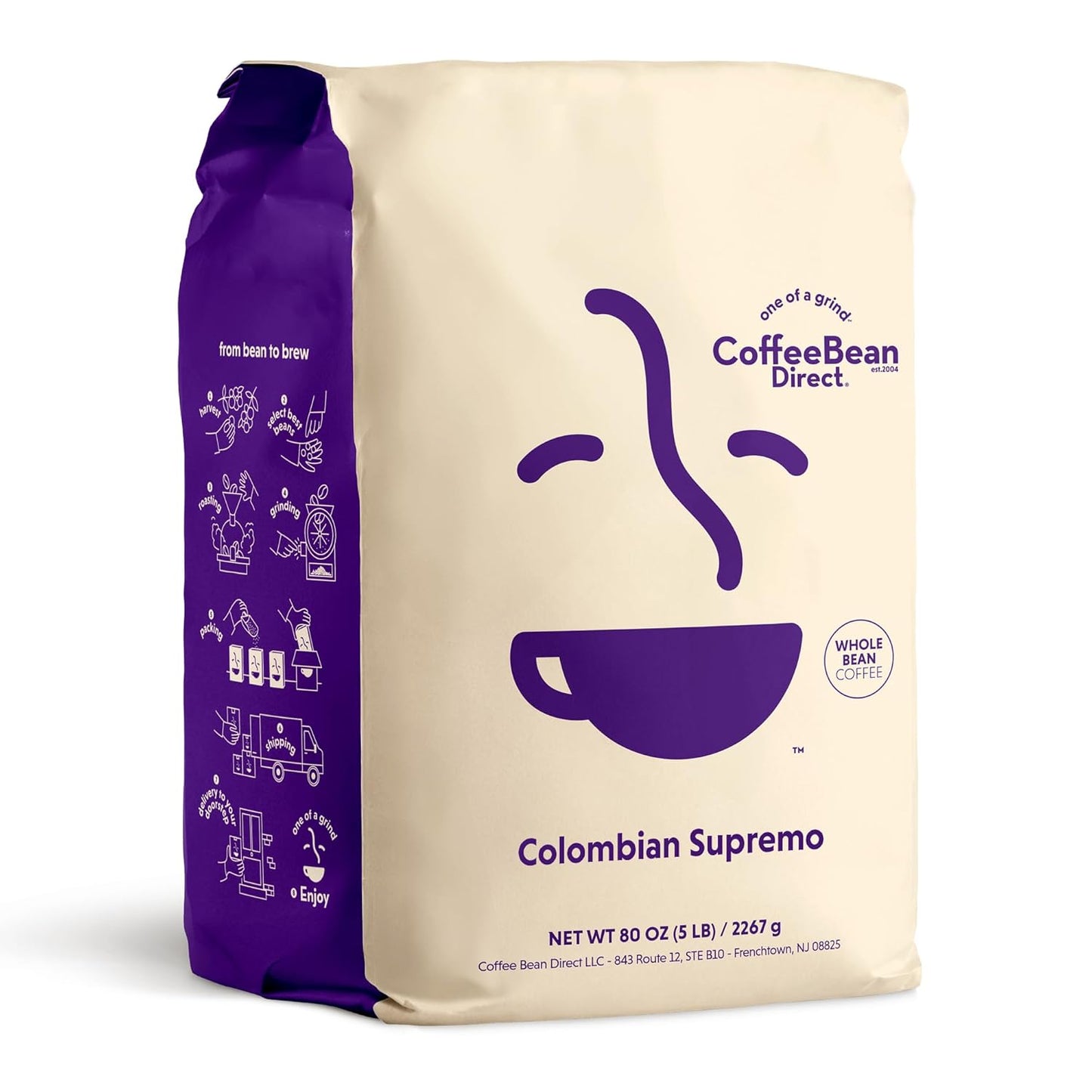Coffee Bean Direct Colombian Supremo, Whole Bean Coffee, Light Roast, 5 Pound Bag (Pack of 1)