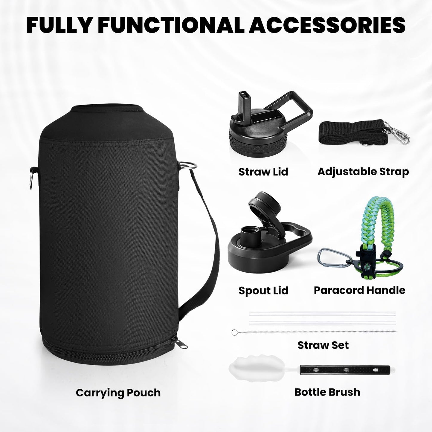 One Gallon Water Bottle Insulated, Triple Walled Vacuum Stainless Steel (Cold for 48 Hrs), Leak Proof & Non-BPA, Large Water Flask Jug with Paracord Handle & Straw Spout Lids