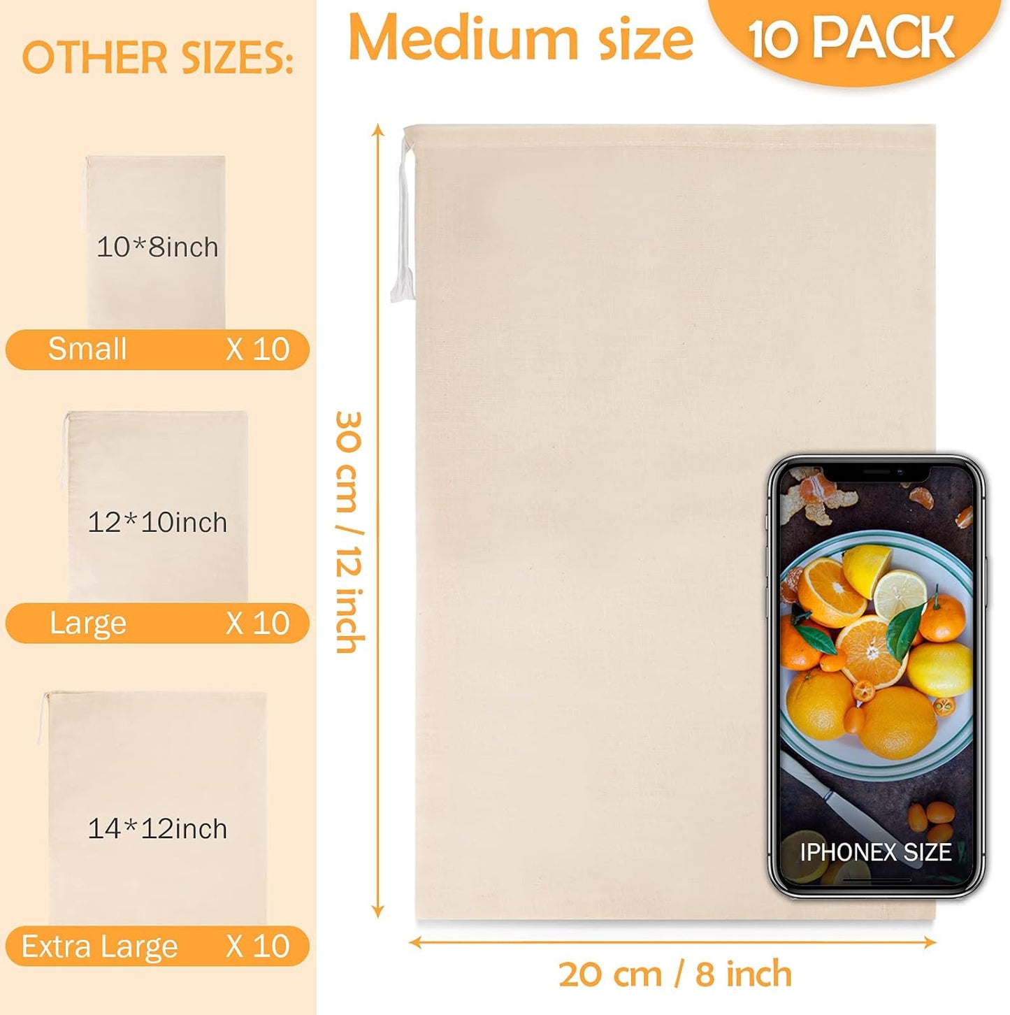 10 Pack Nut Milk Bag, 8‘’ x 12‘’ Fine Mesh Grade Reusable Cheesecloth Bags Strainers, Unbleached Organic Cotton Filter Bags for Almond Milk, Juices, ColdBrew, Cheese, Tea, Yogurt, Coffee