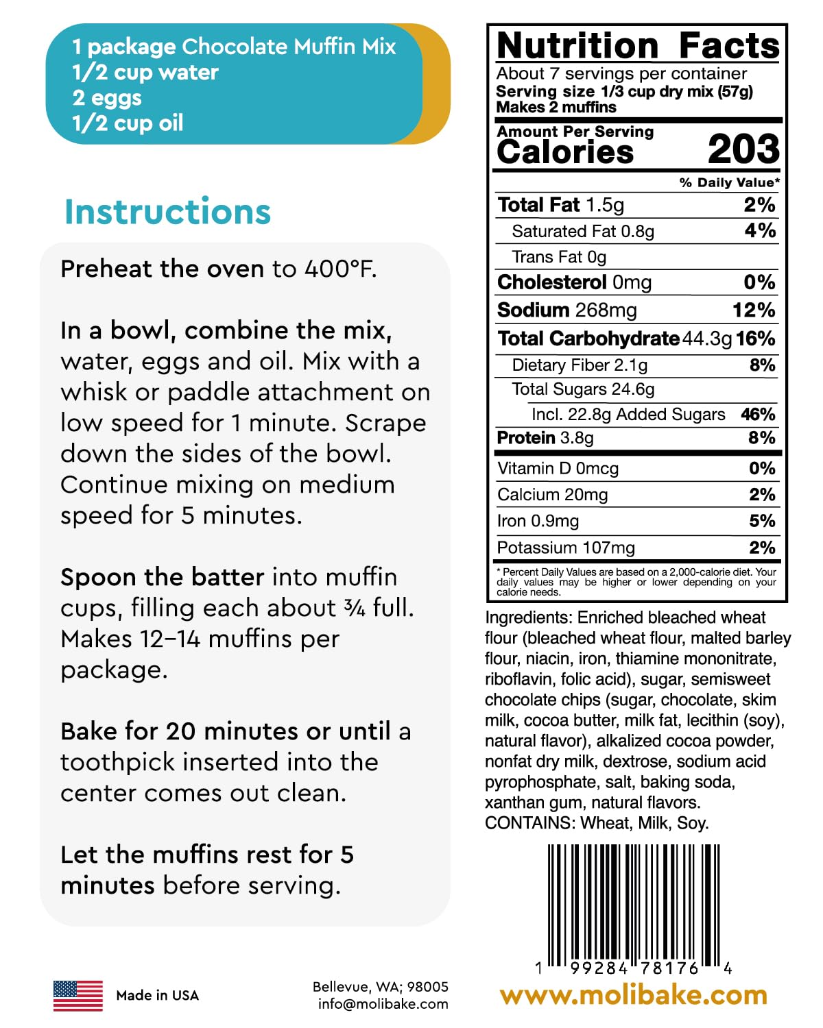 Molibake Chocolate Muffin Mix - Pack of 2 – Premium Chocolate Muffin Baking Mix with Cocoa Powder and Real Chips for Home Oven and Maker – 14 oz – Easy-to-Use Mix for Fluffy, Bakery-Style Homemade