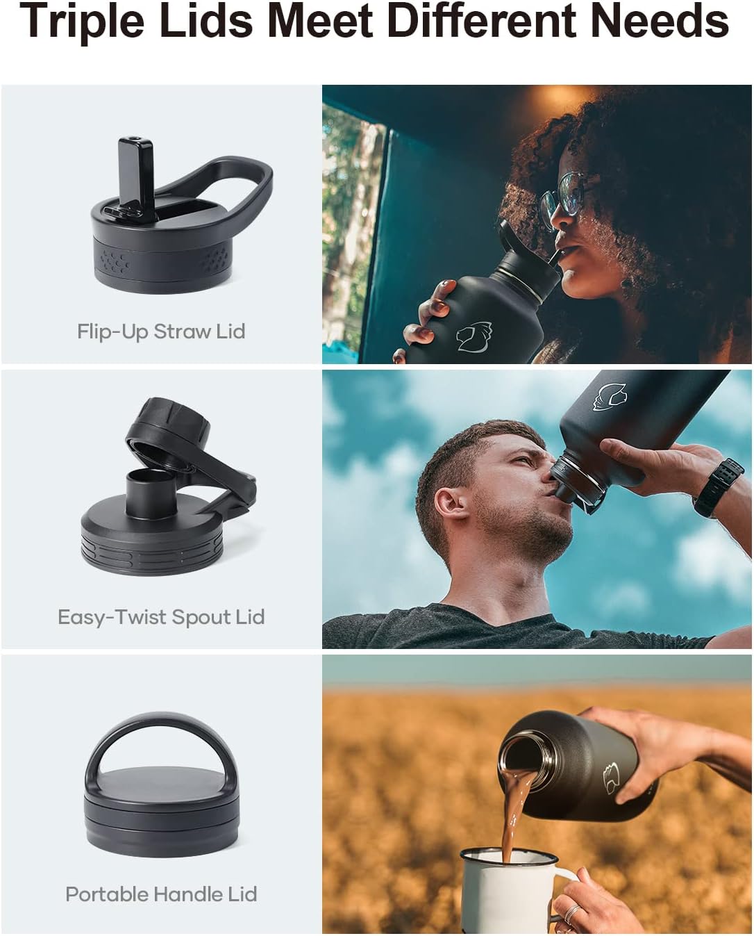 BUZIO 64 oz Water Bottle Insulated with Straw & 3 lid and Carrying Pouch, Leak Proof Half Gallon Stainless Steel Water Flask Jug, Cold for 48 Hrs Double Vacuum Thermo Canteen, BPA-Free, Black