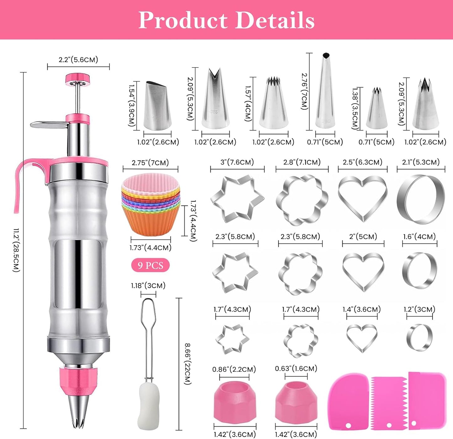Dessert Decorating Syringe Set,Stainless Steels Cake Decorating Kit,Frosting Piping Kit,Cake Decorating Gun,Icing Piping Kit with 6 Piping Tips 9 Cupcakes 1 Brush & 12 Cookie Cutters