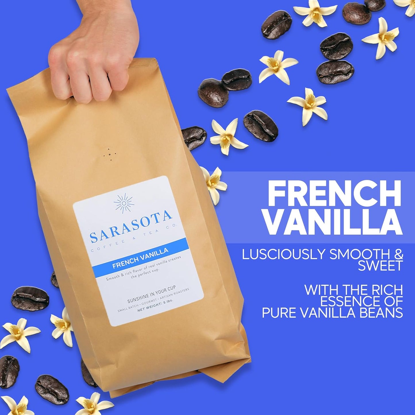 Sarasota Coffee Ground French Vanilla | Medium Roast Gourmet Flavored Coffee Grounds | Low Acid, Mold Free, Specialty Grade Flavored Bulk Ground | 5lb (80 oz)