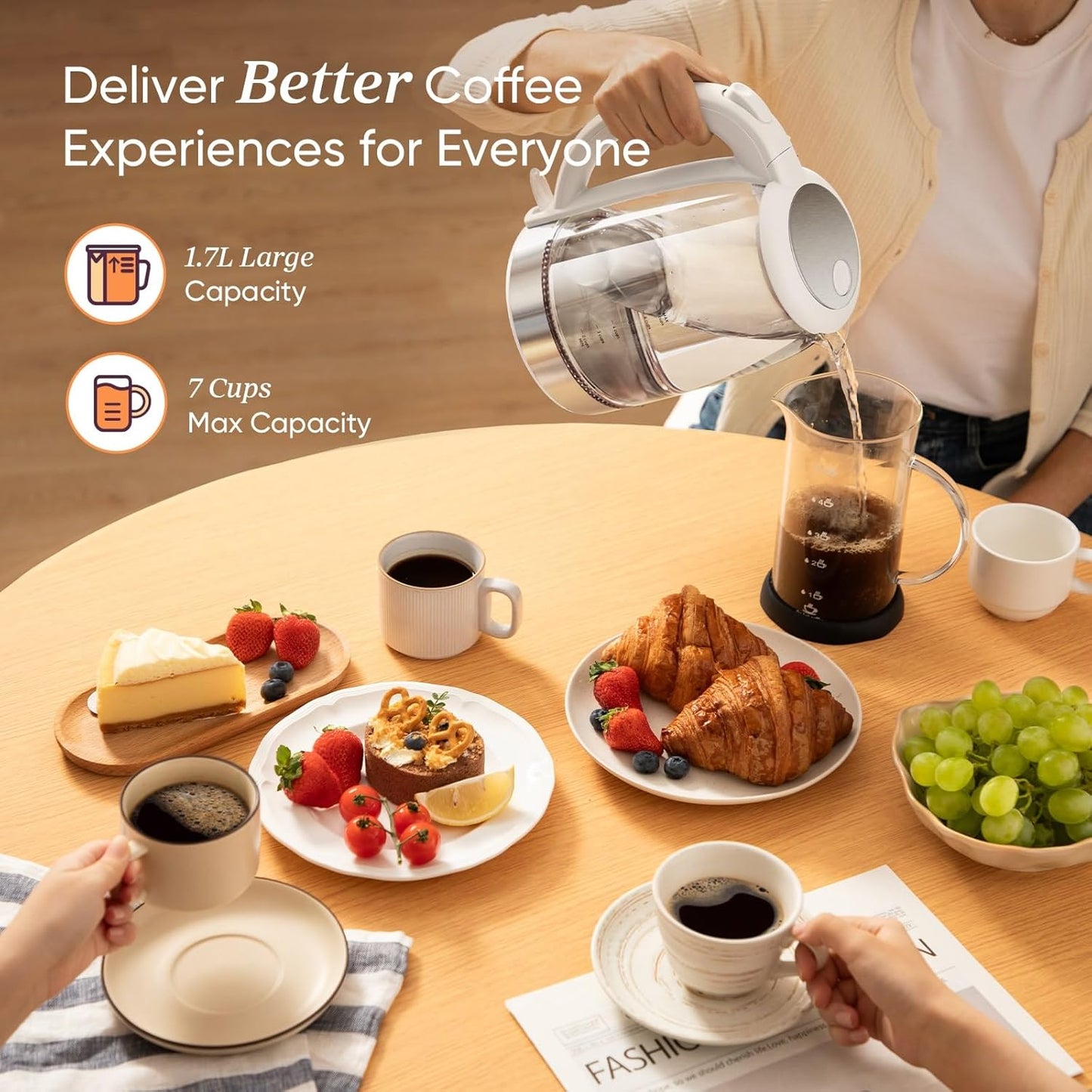 Cosori Electric Kettle, No Plastic Filter & Spout, Tea Kettle & Hot Water Boiler For Coffee & Tea, Water Heater & Teapot, Automatic Shut Off, Borosilicate glass, White, 1.7L/1500W