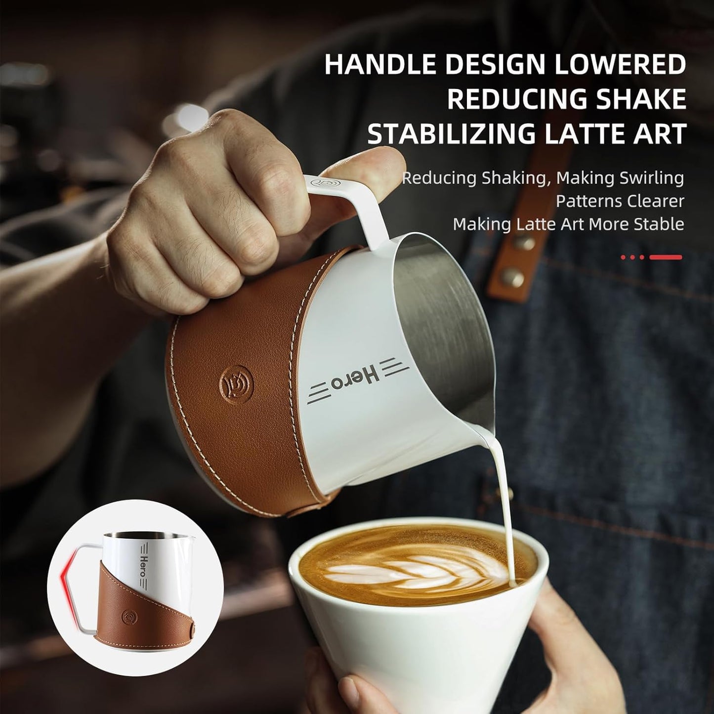 Milk Frothing Pitcher 450ml/16oz 304 Stainless Steel Espresso Steaming Pitcher with PU Leather, Milk Frothing Jug,milk frother cup,Milk Jug Cup,Premium Barista Tools,Latte Art (Bright 20oz)