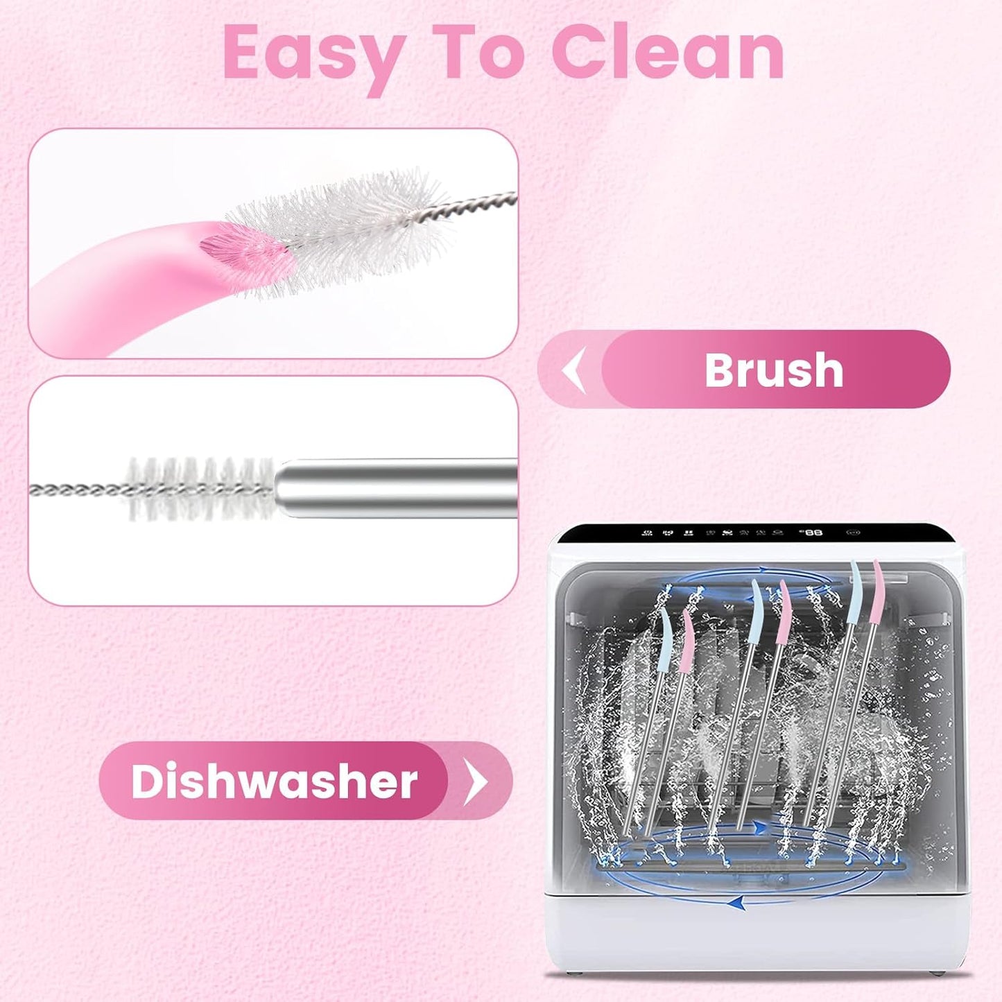 OUTXE Anti Wrinkle Straw 6 Pcs, Flat Wide Drinking Straw for Stanley& Yeti& Owala, Reusable Wrinkle Free Long Stainless Steel Metal Straw for Lip with Cleaning Brush and Carrying Bag