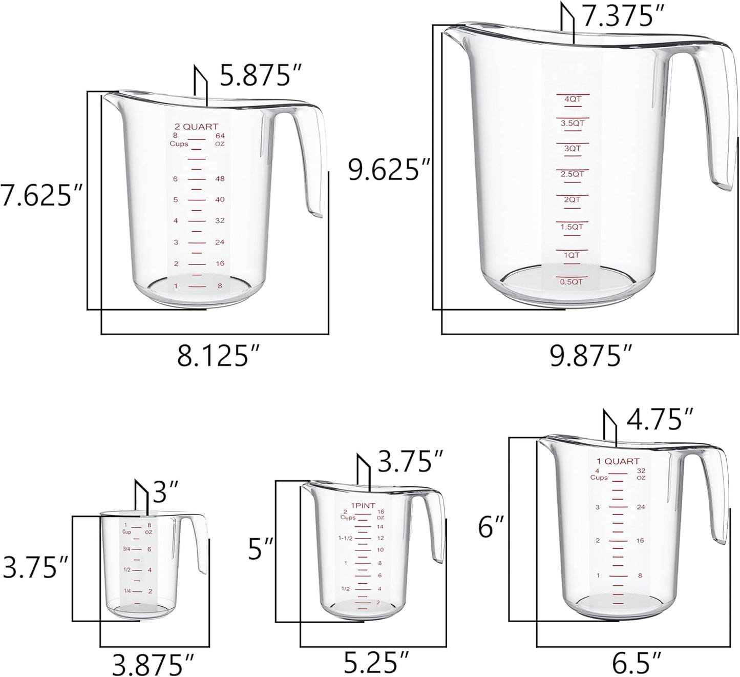 DaYammi Measuring Cups 5-Piece, Unbreakable Food-Grade Plastic Measuring Cup for Dishwasher, 1/2/4/8/16-Cup Nesting Liquid Measuring Cups for Prepping, Baking, Cooking, Readable Markings, Clear