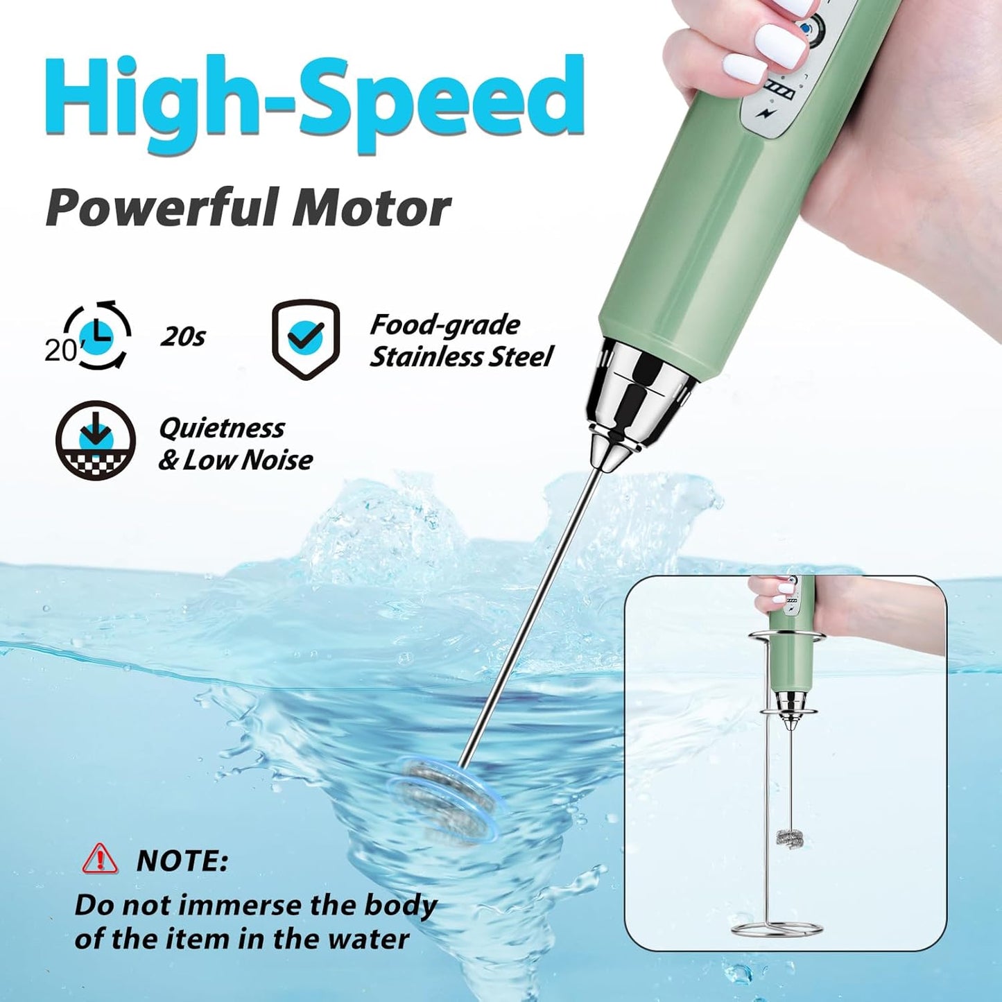 Milk Frother with Stand Rechargeable-Handheld Coffee Frother with 3 Stainless Whisks 3 Speed Adjustable, Electric Whisk Drink Mixer, Foam Maker Blender for Matcha Latte Cappuccino Chocolate