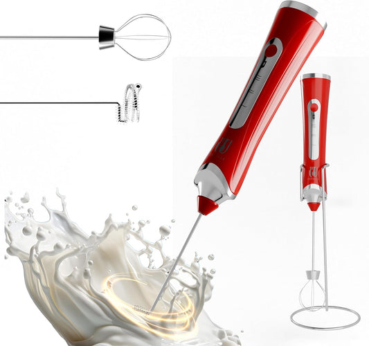 Rechargeable Handheld Milk Frother - Electric Foam Maker - Portable Coffee Frother Wand with 2 Heads - Stainless Steel Electric Whisk for Coffee, Latte, Cappuccino, Macchiato, Hot Chocolate (Red)