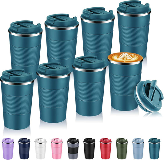 Volhoply 13 oz Stainless Steel Insulated Travel Coffee Mug with Fip Lid Bulk 8 Pack,Reusable Double Wall Vacuum Metal Coffee Cup,Portable Leak Proof Thermal Tumbler for Hot & Cold Drinks(Bule,8)