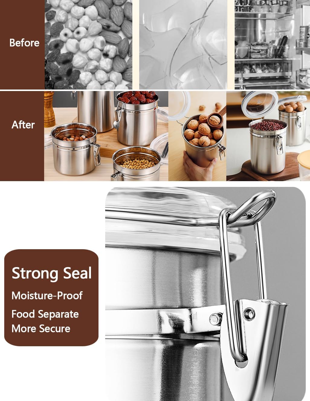 Coffee Canister 4 Pcs Stainless Steel Food Container with Clear Lids Airtight Container Stackable Canisters Kitchen Pantry Storage for Cereal, Snacks, Candy, Herbs, Spices, Sugar, Tea (1.8L Silver-4)