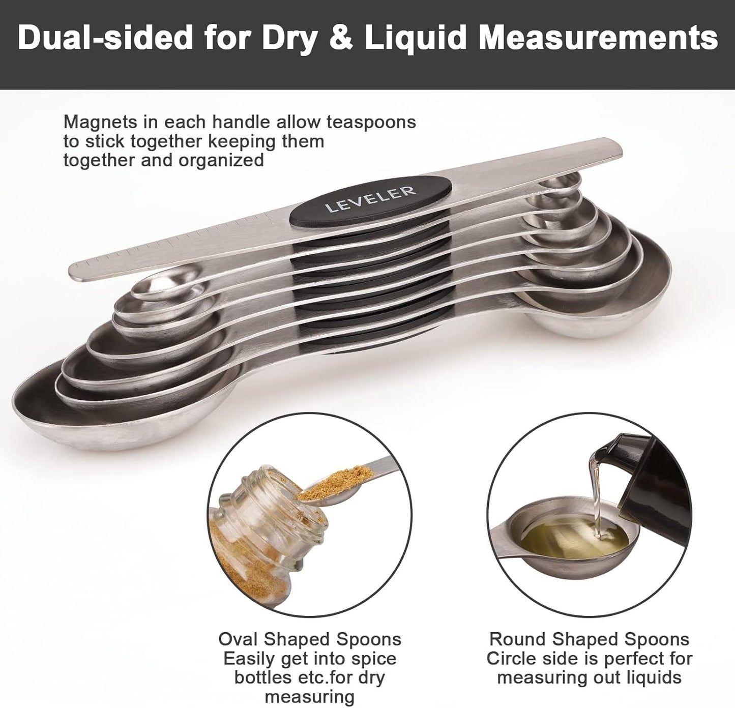 Aovchei 8 PCS Magnetic Measuring Spoons Set, Dual Sided, Stainless Steel Small Tablespoon, Teaspoons, Fits in Spice Jars, for Dry and Liquid, Black