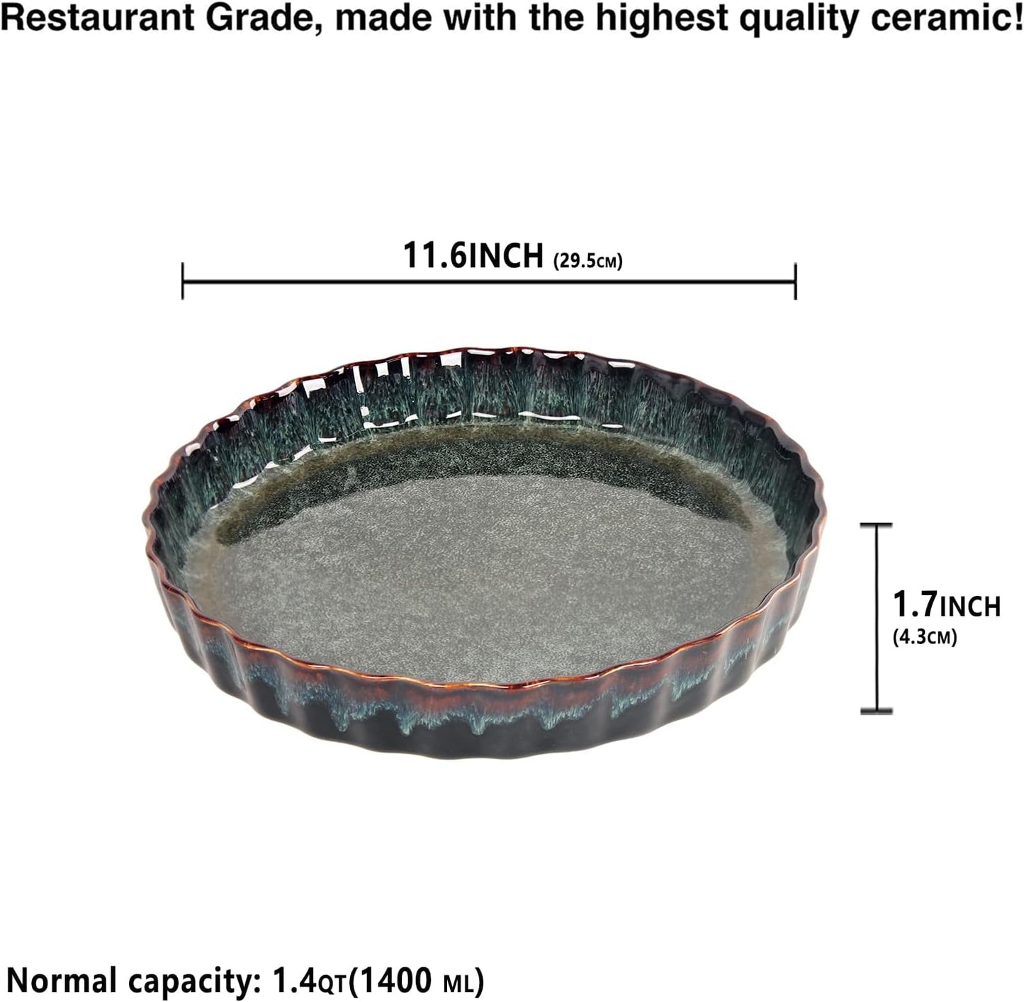 Ceramic Pie Pan Quiche Baking Dish, 11 Inch Round Ruffled Edge Au Gratin Baking Dishes, 1.4 Quart Non-Stick Pie Dish, Tart Pan, Pie Plate for Apple, Oven, Dishwasher and Microwave Safe