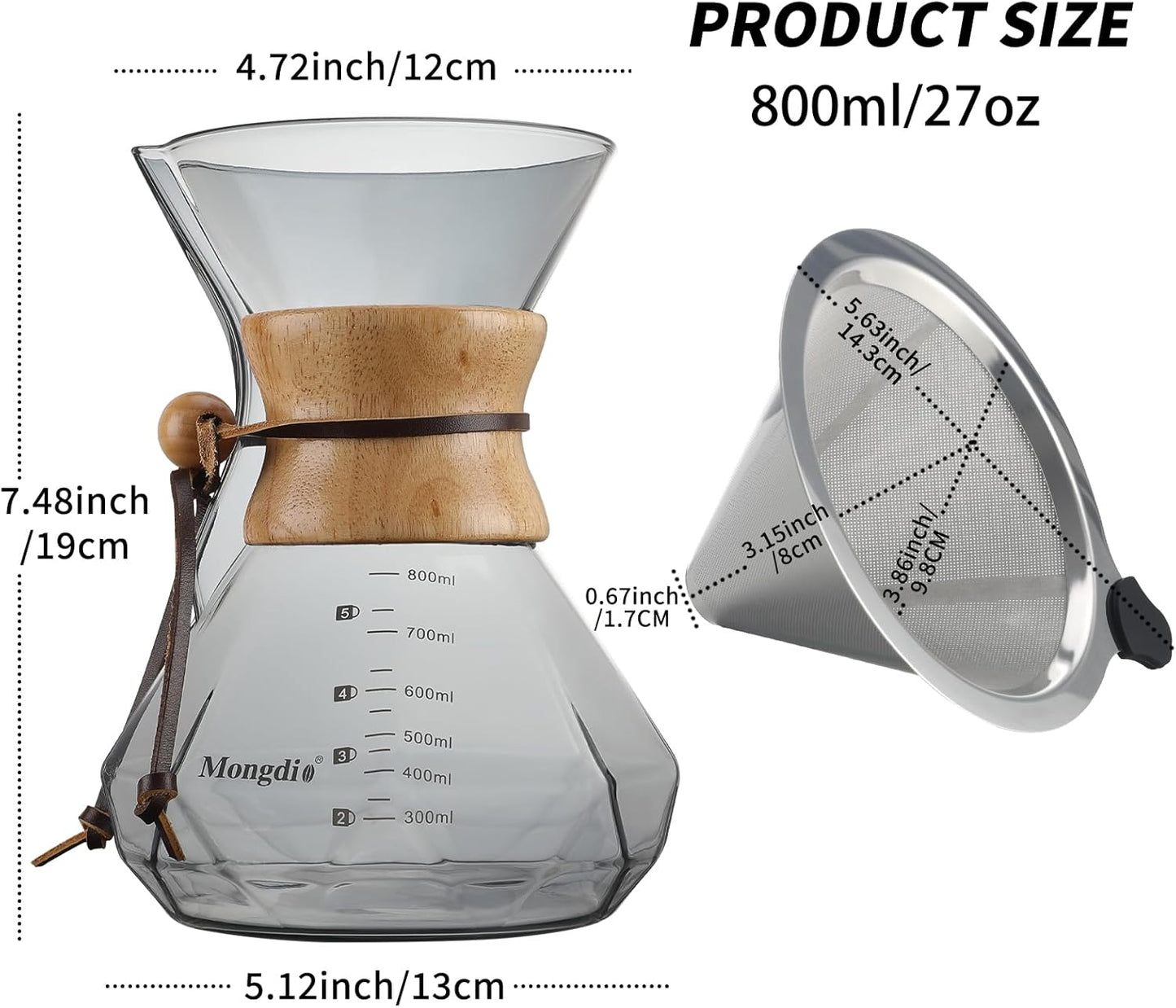 Mongdio 27 Oz Pour Over Coffee Maker with Stainless Steel Filter and Wooden Collar Holder, Borosilicate Glass Coffee Maker for Camping Home, 800ML/27OZ, Gray