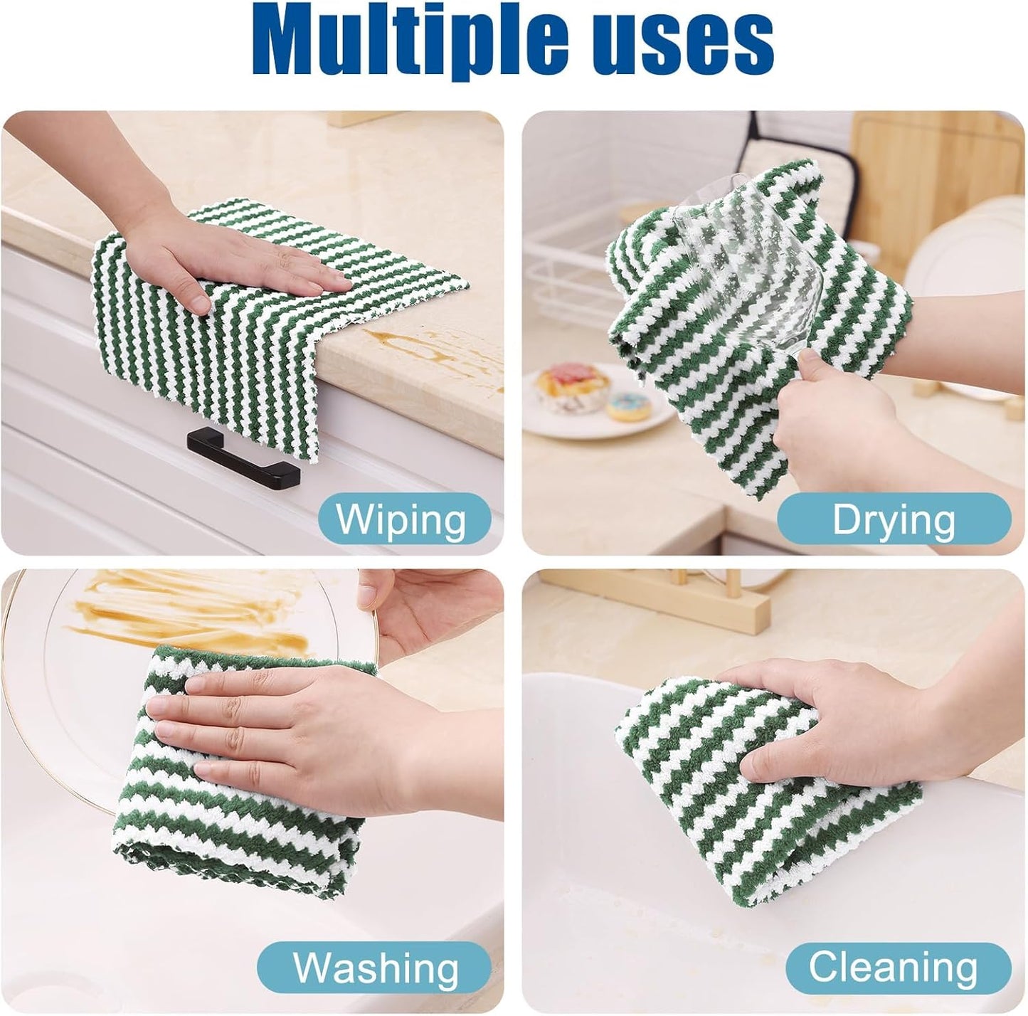 Homaxy 24 Pack Kitchen Dish Cloths, Ultra Soft and Absorbent Dish Towels, Reusable Fast Drying Microfiber Cleaning Cloth, Coral Velvet Wave Design No-lint, 10 x 10 inches, Grass Green