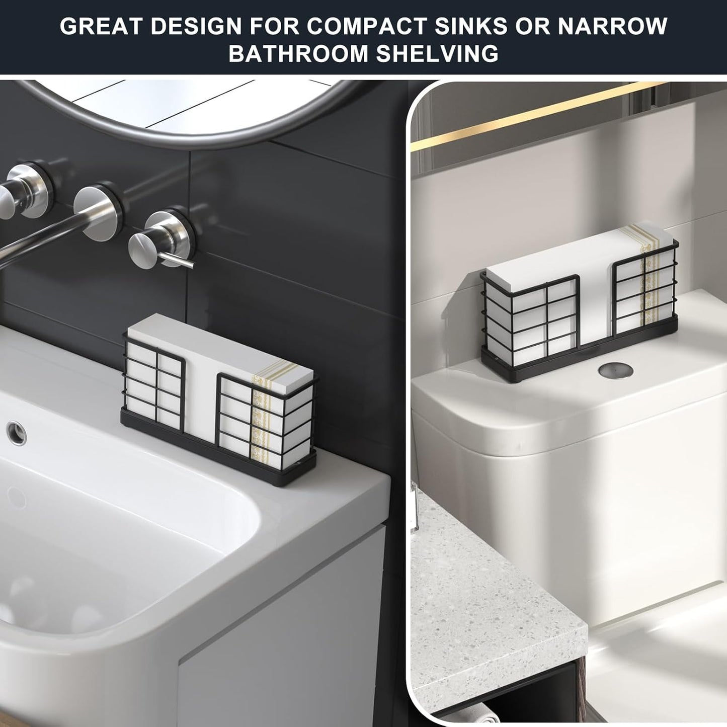 Wican Vertical Stance Bathroom Napkin Holder Takes Up Less Space for Small Guest Bathroom Oak and Iron Towel Tray for Powder Room Table Wooden Basket for Disposable Paper Hand Towels Matte Black