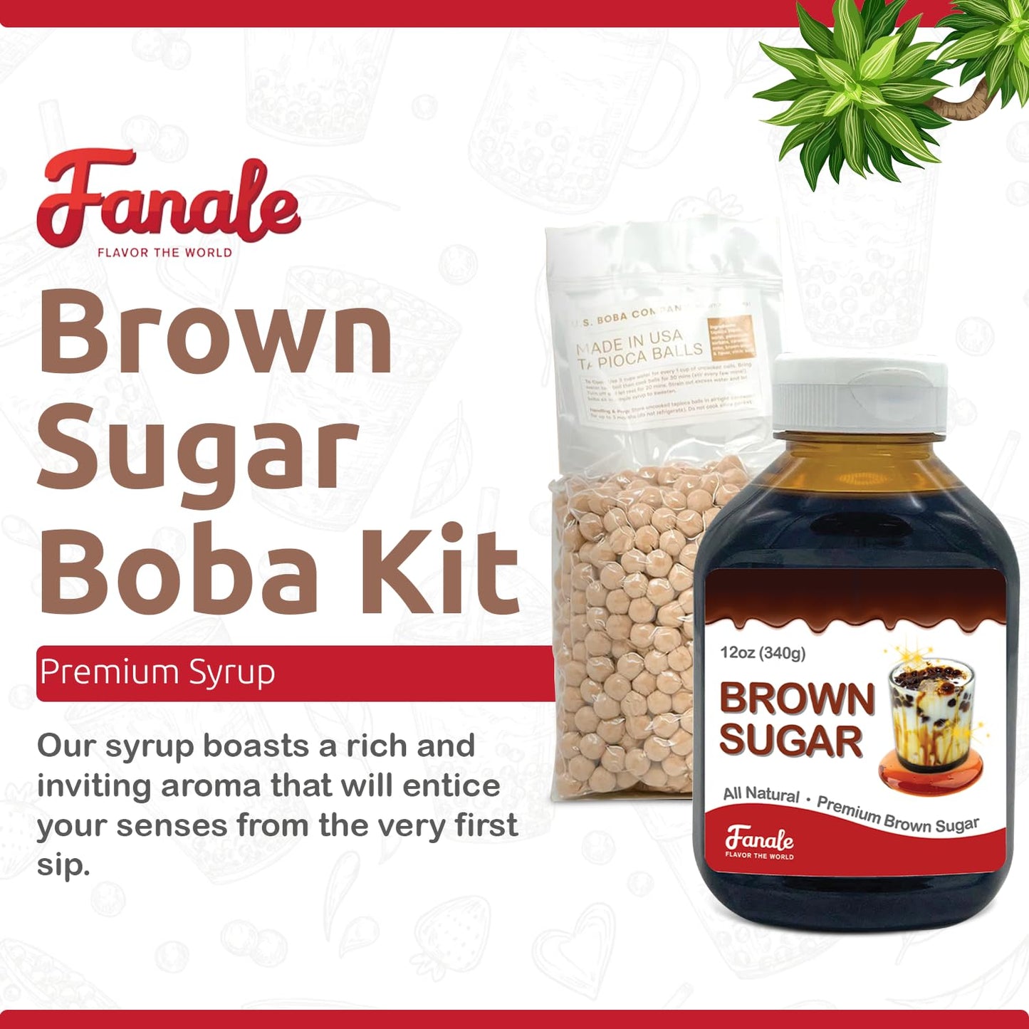 Fanale Brown Sugar Boba Tea Kit with Boba Pearls, US Boba Co Tapioca Pearl Made in USA 1 Pound, Brown sugar boba milk tea, Hand Crafted Brown Sugar Syrup 12 oz for Bubble Milk Tea Coffee Desserts