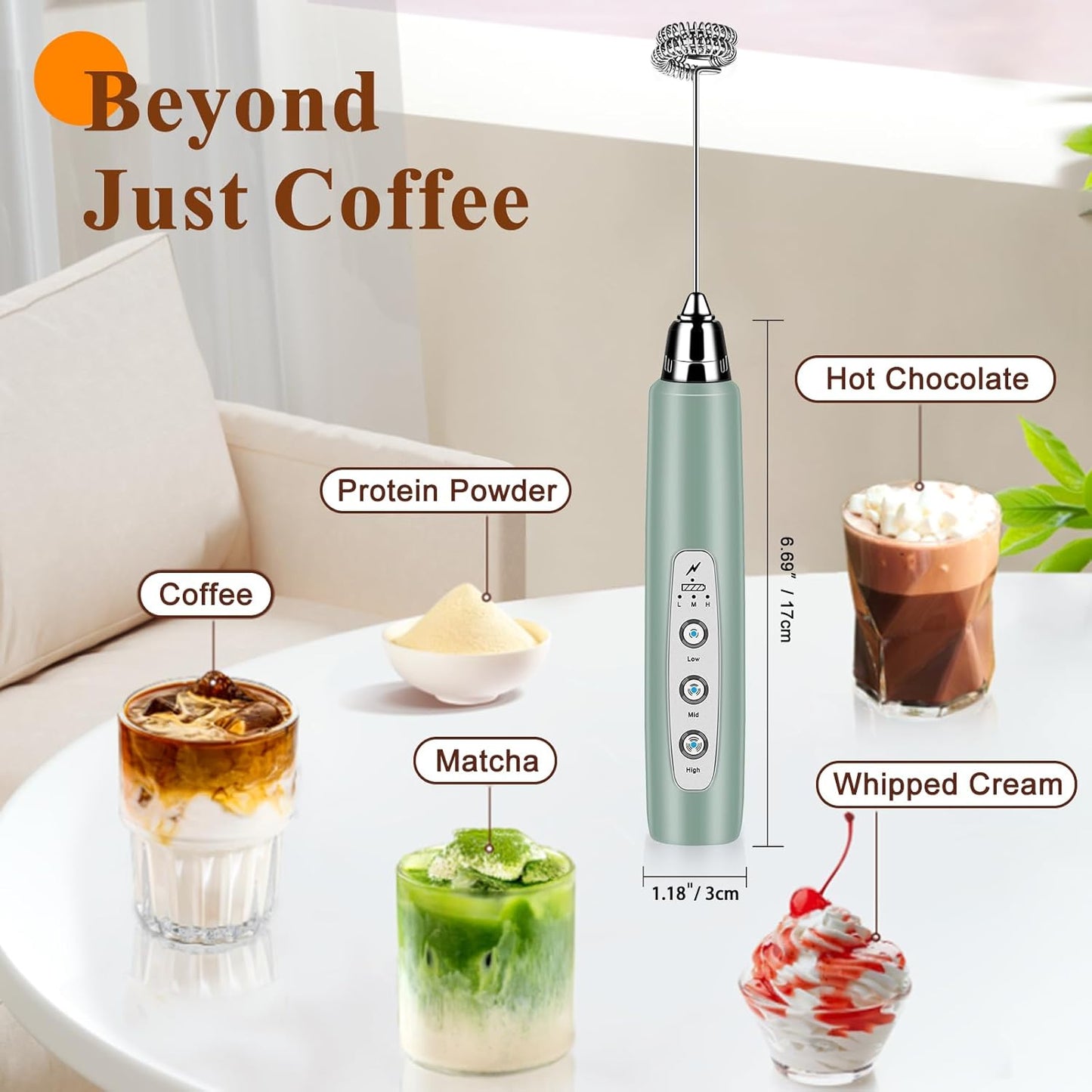 Milk Frother Handheld Rechargeable, Frother Wand Drink Mixer Electric Whisk for Coffee, Detachable With 3 Stainless Whisks, Hand Mixer for Lattes, Cappuccino, Matcha, No Stand, Sage Green
