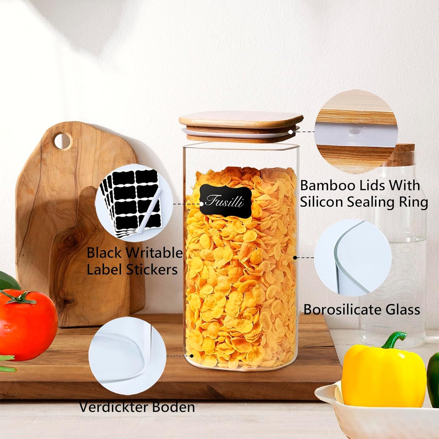 50oz Square Glass Storage Containers with Lids, Clear Food Storage Container Jar with Sealing Bamboo Lid for Noodles Flour Cereal Rice Sugar Tea Coffee Beans,Square Set of 3