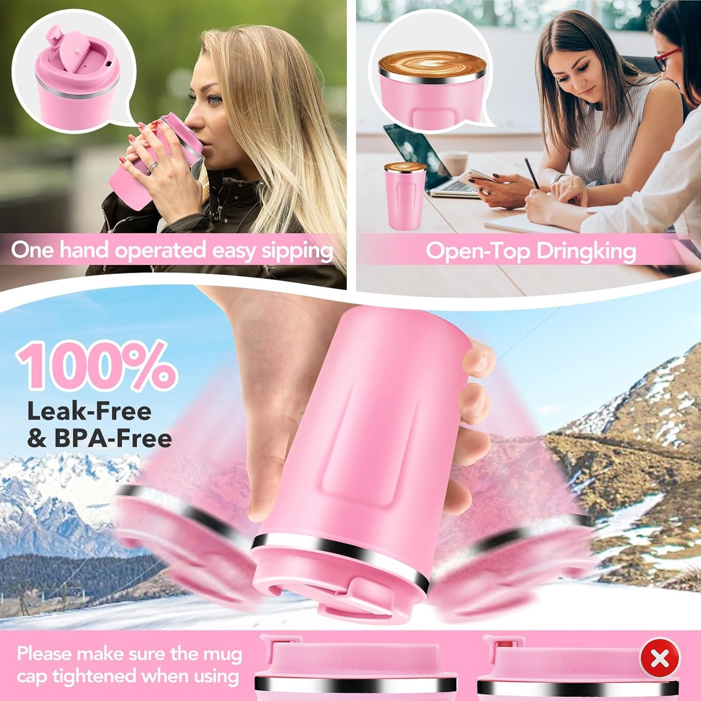 Volhoply 12 oz Double Wall Insulated Vacuum Travel Coffee Mug with Flip Lid Bulk 4 Pack,Reusable Stainless Steel Leak Proof Coffee Cups,Portable Cafe Thermal Tumbler for Hot & Cold Drinks(Pink,4 Set)