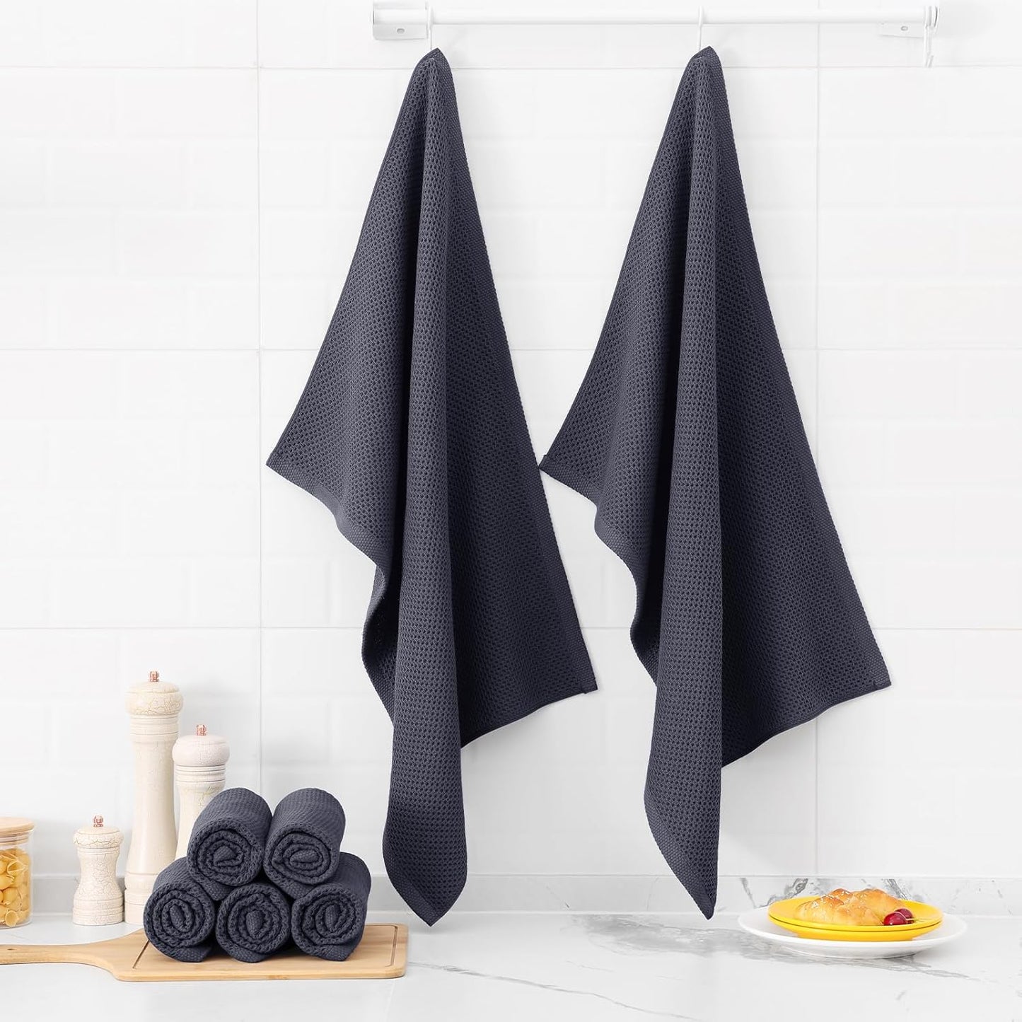 Kitinjoy 100% Cotton Waffle Weave Kitchen Towels, 4-Pack Super Soft and Absorbent Dish Towel for Drying Dishes, Kitchen Hand Towels, 20 in x 28 in, Dark Grey