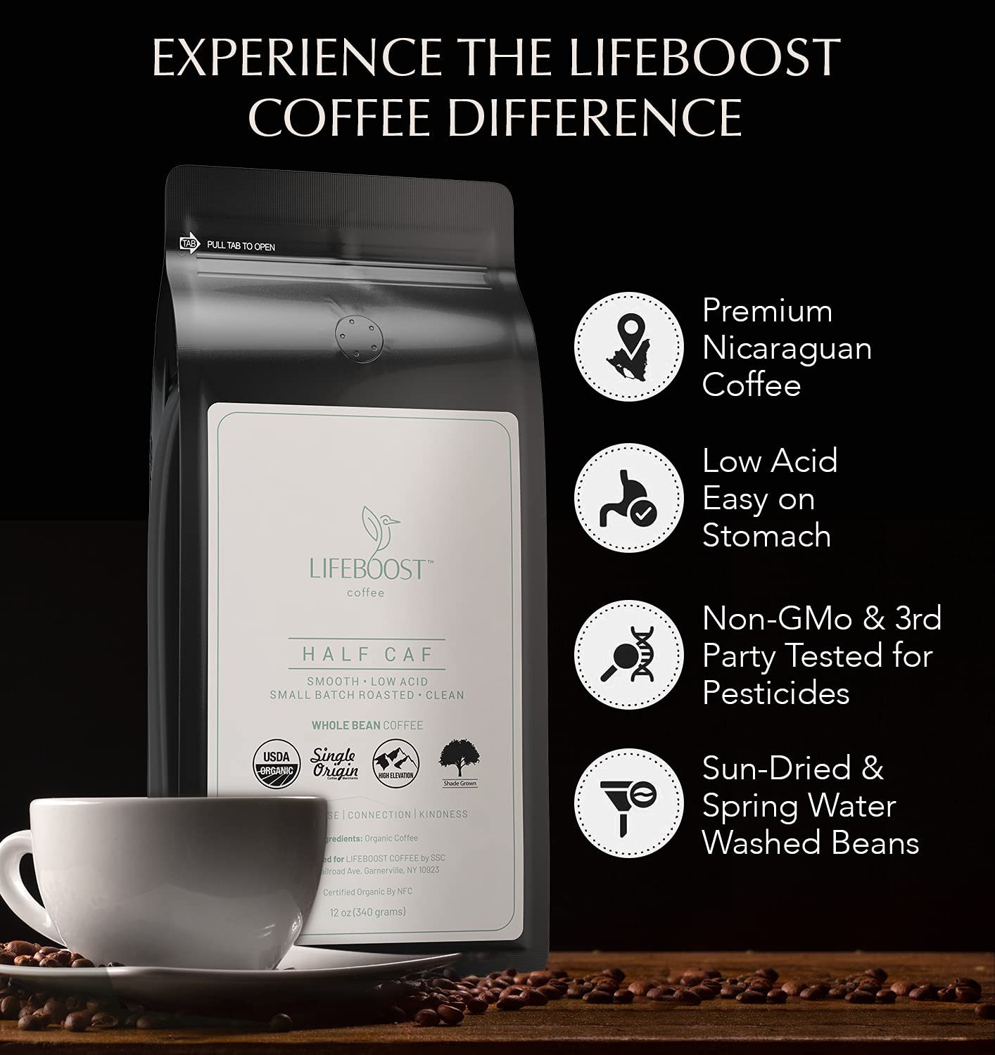 Lifeboost Half Caff Whole Bean Coffee - Non-GMO Low Acid Single Origin USDA Organic Coffee - Third Party Tested For Mycotoxins & Pesticides - 12 Ounces