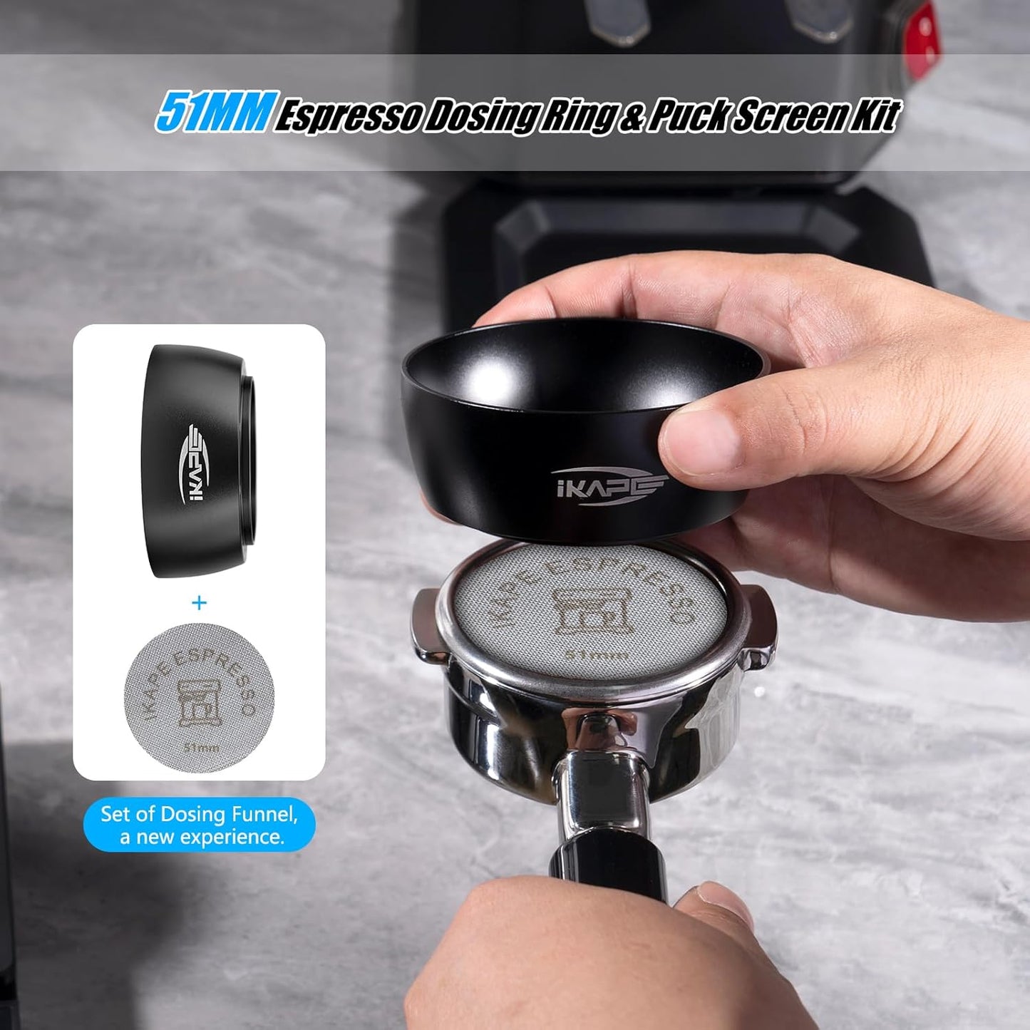 IKAPE Magnetic Dosing Funnel Set, 51MM Espresso Dosing Ring & Puck Screen Kit Compatible with Delonghi 51MM Bottomless Portafilter - with 8 Small Magnet (Black)