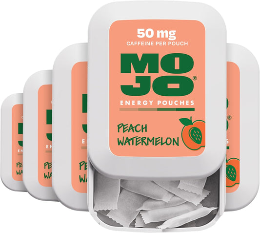 MOJO Energy Pouches Peach Watermelon Flavor, 50 mg per Caffeine Pouch, 15 Pouches, 5-Pack