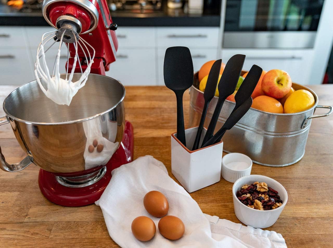 KITCHENLOVE Premium 600°F Heat Resistant 5 Piece Silicone Spatula Set for Baking, Cooking, Mixing - Non-Stick with High Grade S-Iron Steel Core - One Piece Seamless Design - BPA Free (Black)