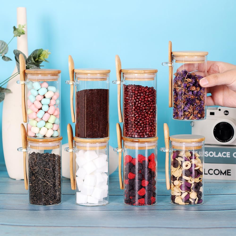 Set of 8 Glass Jars with Bamboo Lids and Spoons, 10 OZ Airtight Small Glass Tea Containers for Loose Tea, Coffee and Sugar Glass Container for Yogurt Jars with Lids