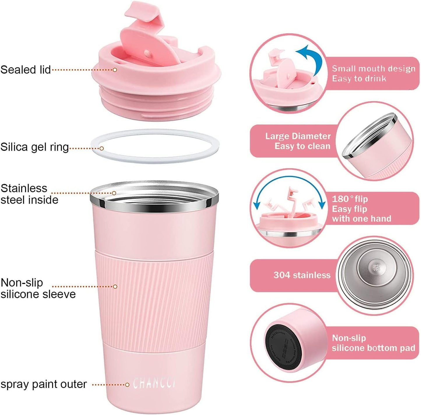 Travel Coffee Mug Spill Proof Leakproof 16 oz Insulated Coffee Mug with Screw Lid, Stainless Steel Vacuum Tumbler Reusable Thermal Coffee Cup to go for Hot and Cold Drinks -510ml,Pink