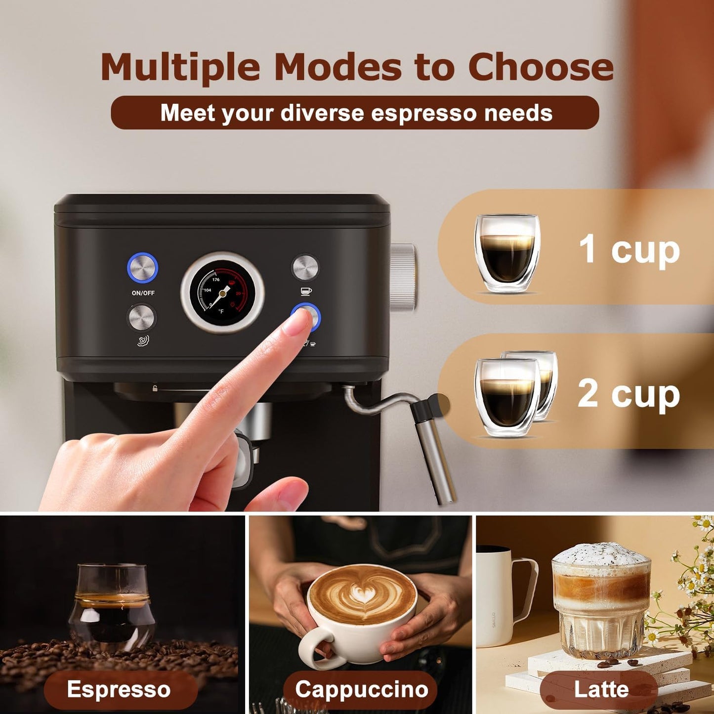 2in1 20 Bar Espresso Machine with Milk Frother, Coffee Latte Cappuccino Maker for Home, Coffee Machine Suitable for Coffee Powder/Capsules, Espresso Machines with Thermometer