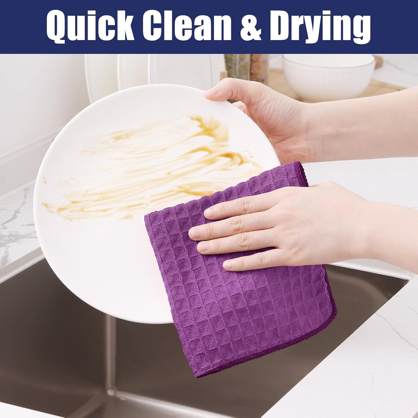 Homaxy Microfiber Waffle Weave Kitchen Towels, 16 x 28 Inch Ultra Absorbent and Solid Color Dish Towels, 8 Pack, Purple