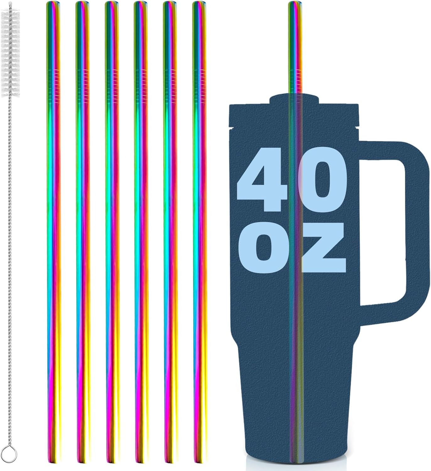 for Stanley Quencher 40oz Tumbler 6x Metal Stainless Steel Straws, 12inch Replacement Extra Long/Tall Straws for Stanley Cup 40oz Drinking Reusable Accessories (6x Straight,10mm Colorful)