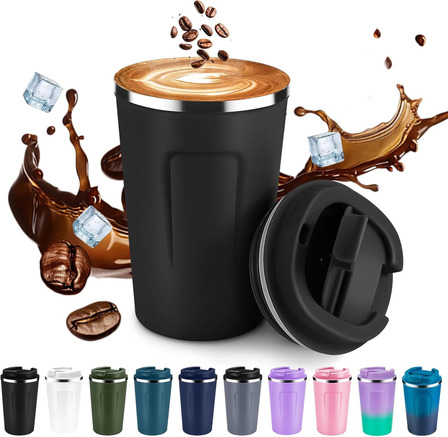 Volhoply 12 oz Double Wall Insulated Vacuum Travel Coffee Mug with Flip Lid,Reusable Stainless Steel Leak Proof Coffee Cup,Portable Iced Cafe Thermal Tumbler Suitable for Hot&Cold Drinks(Black,1 Set)