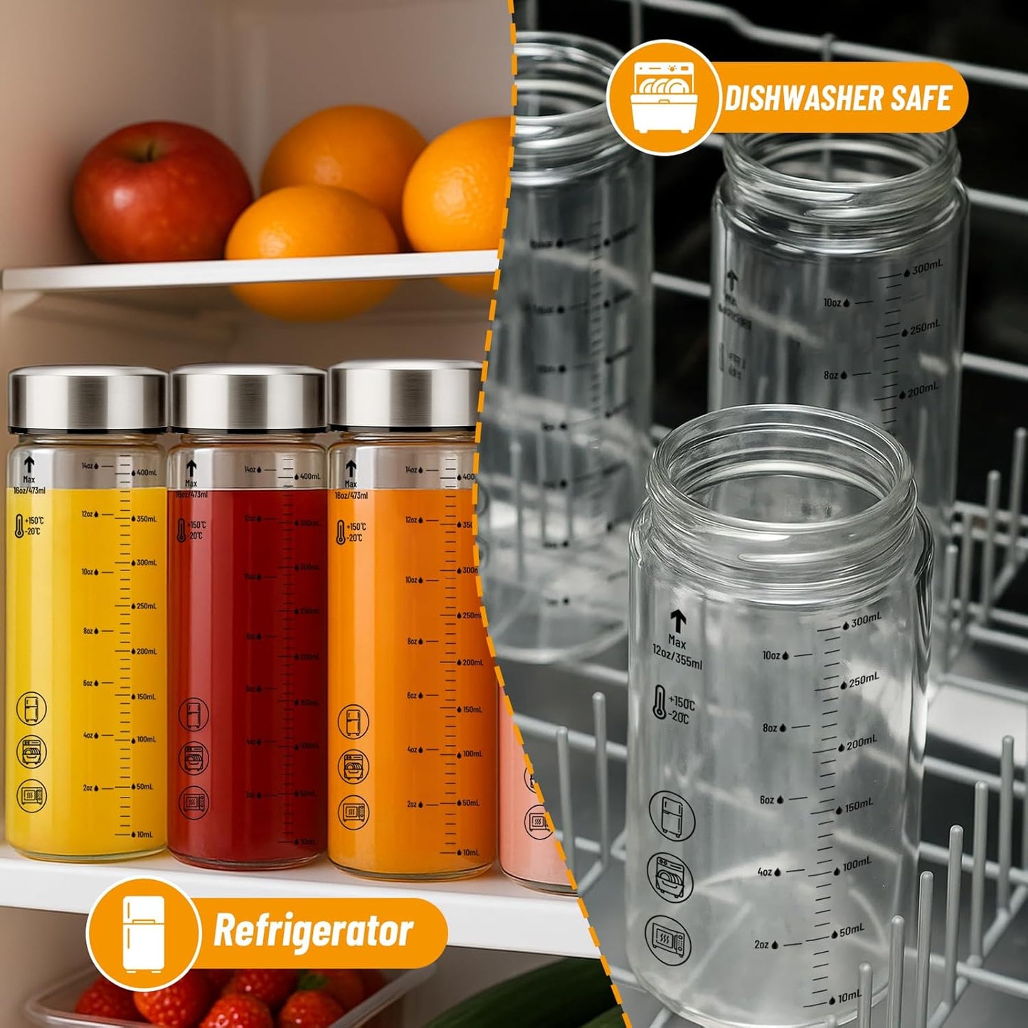 16oz Glass Water Bottles with Lids, 4 Pack Reusable Wide Mouth Juice Bottles with Stainless Steel Caps, Leakproof Borosilicate Glass for Juicing, Smoothies & Storage, BPA-Free,Dishwasher Safe