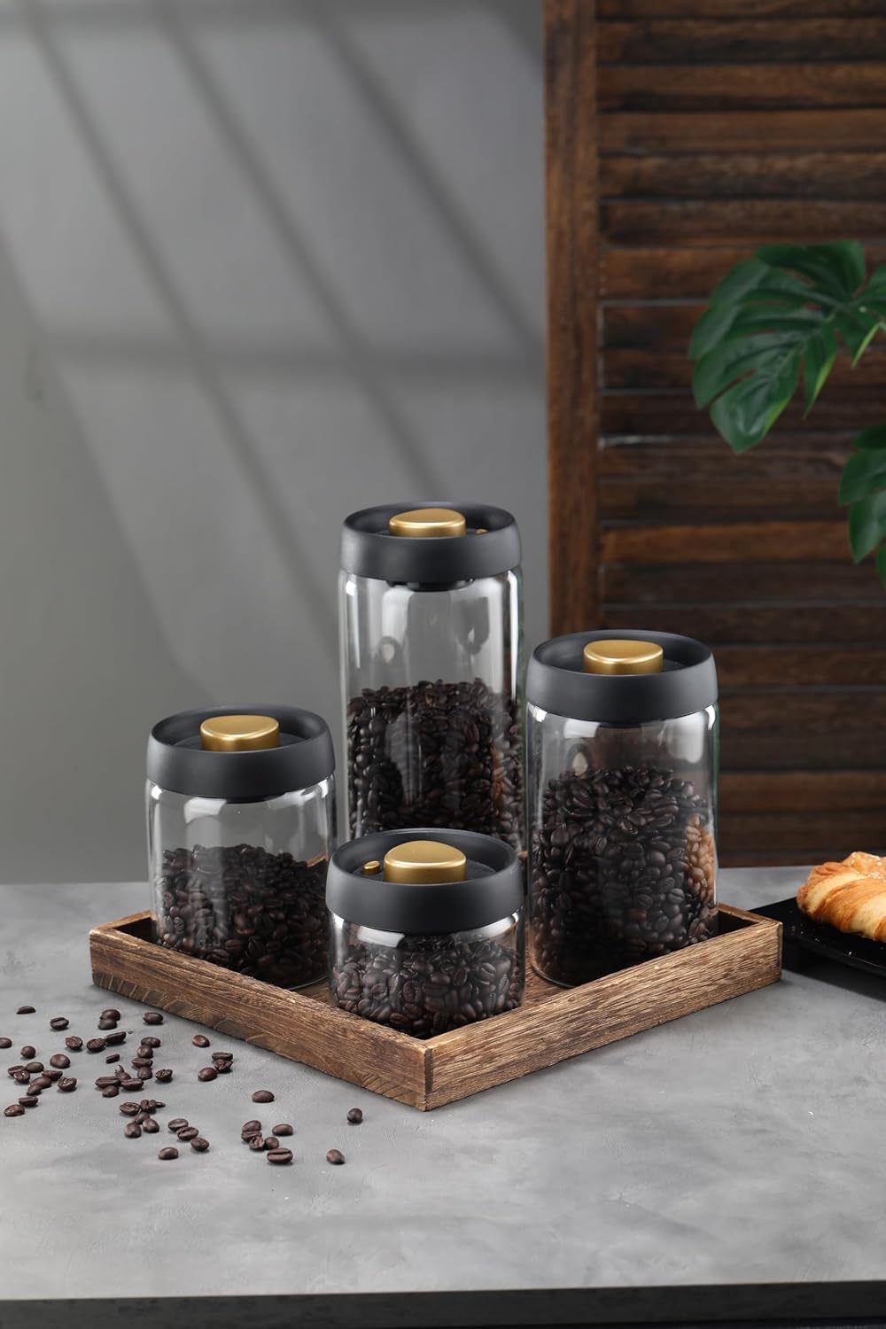 LOEZ Coffee Bean Storage Container Airtight, Lid Sealed with Press-Down Vacuum, Borosilicate Glass Coffee Canister, Food Storage, Coffee Bar for Ground Coffee, Tea, Beans, Spices (Large - Gray)