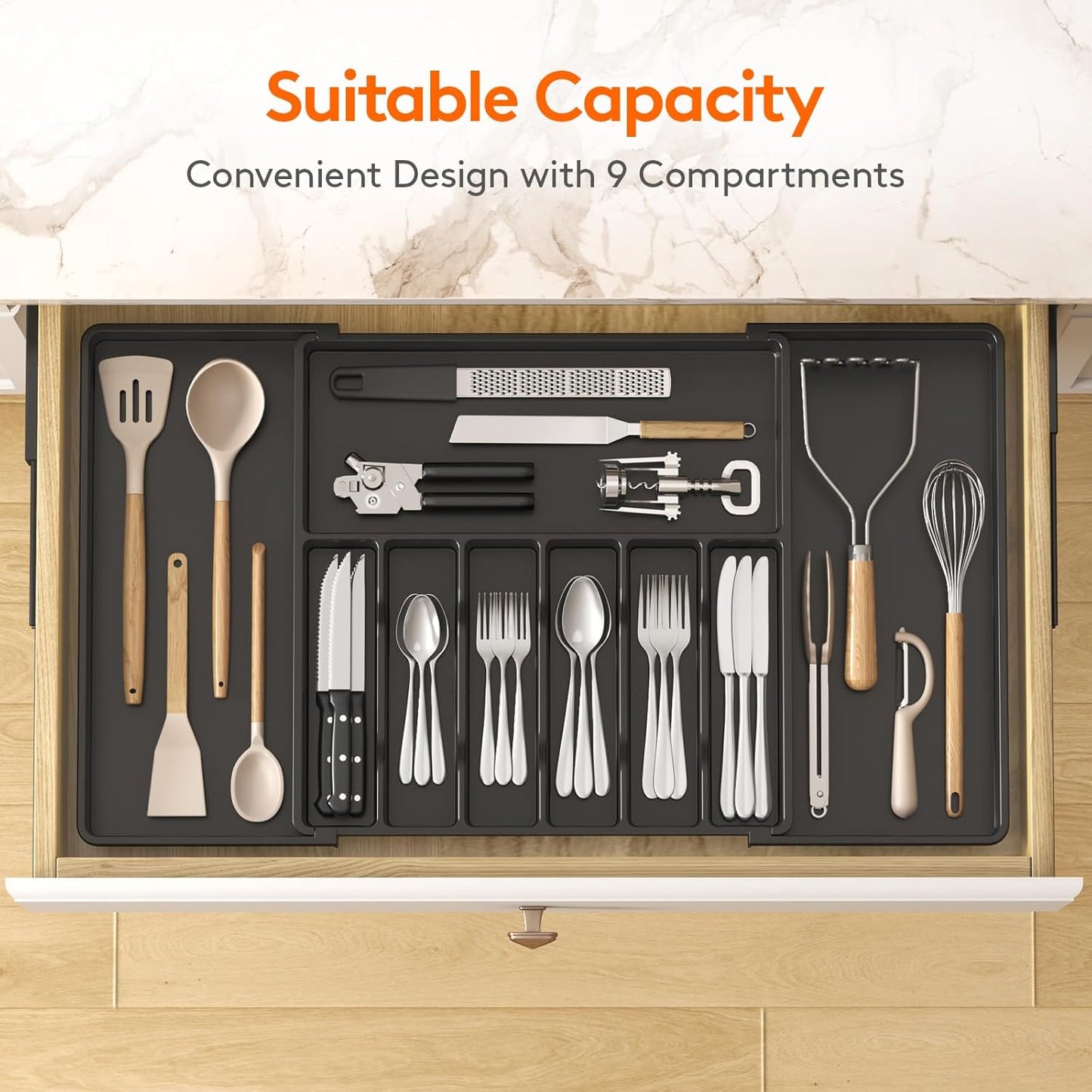 Lifewit Silverware Drawer Organizer, Expandable from 18.7 to 33 inches, Adjustable Utensil Tray for Kitchen, Large Cutlery Holder, Plastic Flatware Storage for Spoons Forks Knives, Black